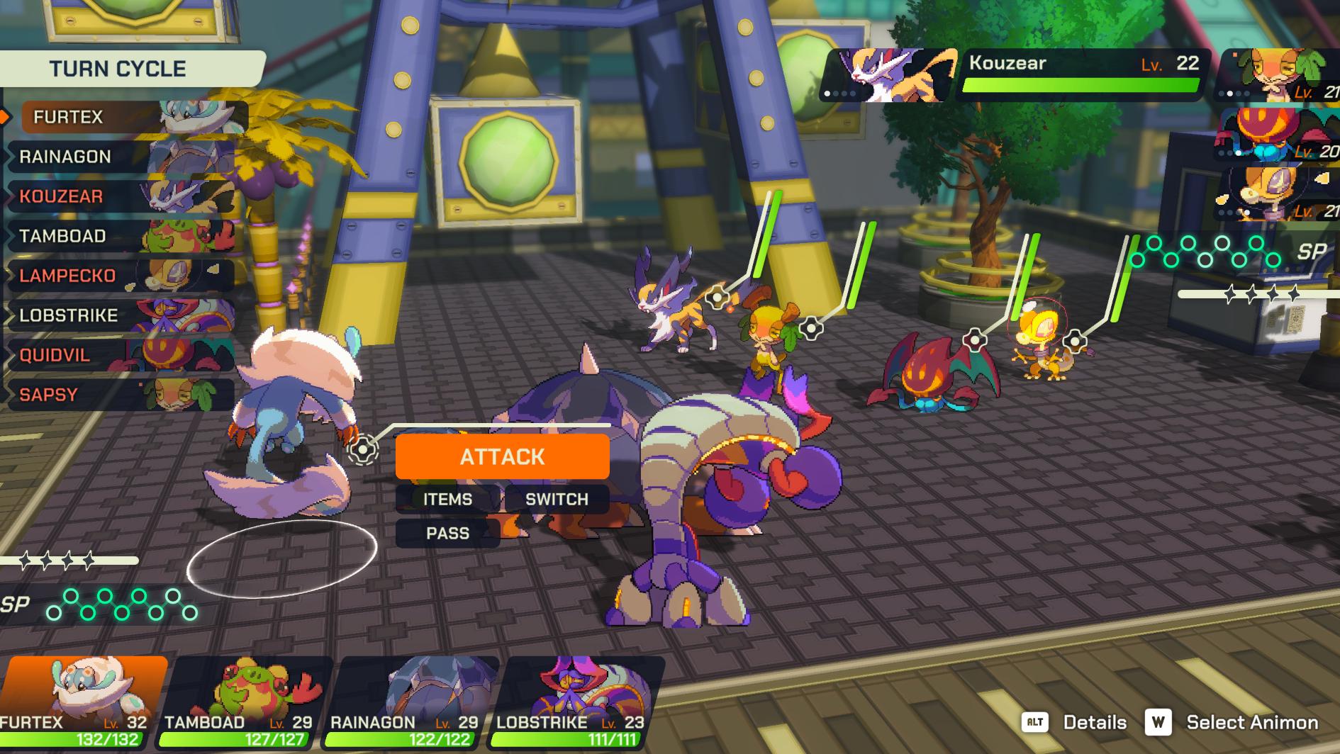 A battle scene from LumenTale showing multiple Animon on the field with an overlay mapping out turns and HP bars.