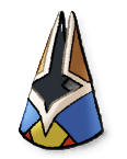A long pointy helmet with a diamond-shaped cutout where eyes would be
