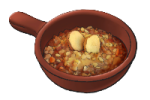 A red pan with stew inside. This is the Zuppa di Pane recipe from LumenTale