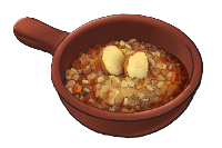 A red pan with stew inside. This is the Zuppa di Pane recipe from LumenTale