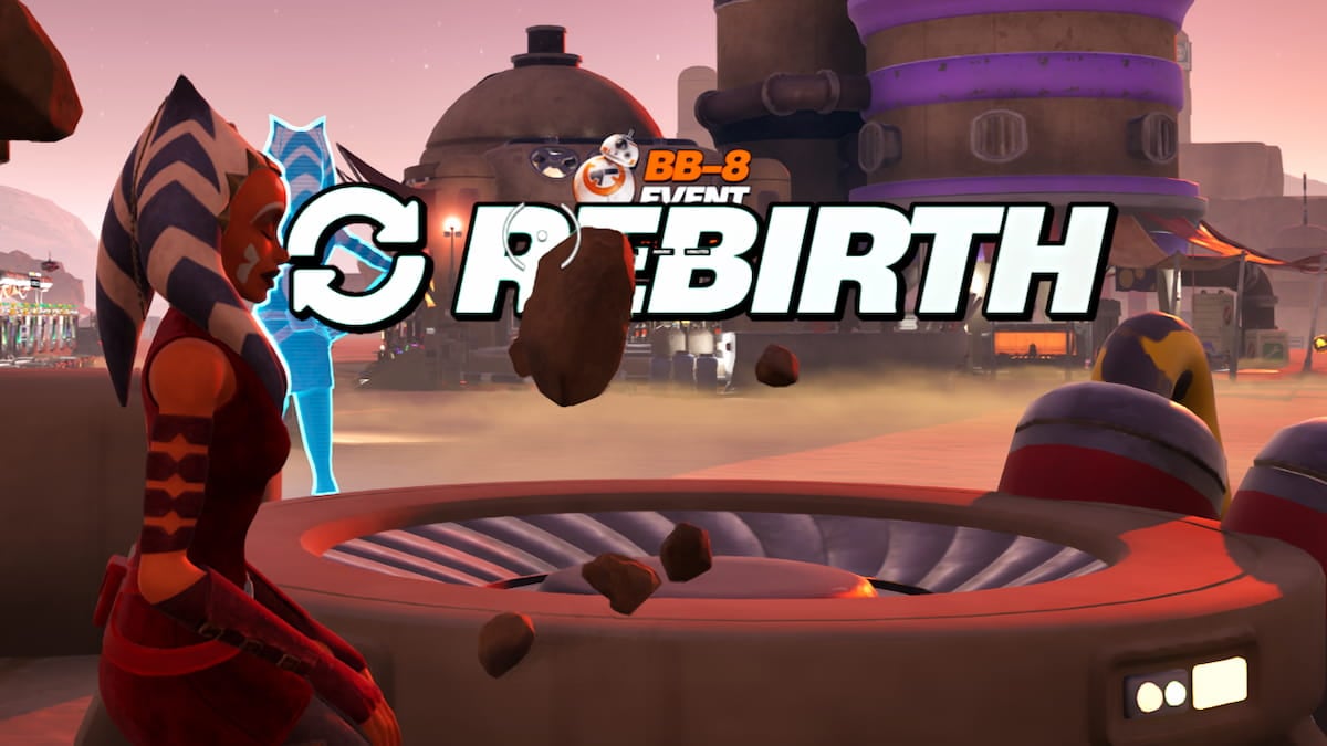 Ahsoka sitting on a rock next to the rebirth station in fortnite droid tycoon