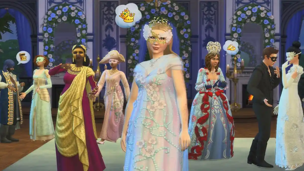 A bunch of sims at a ball wearing elegant bridgerton outfits in the sims 4