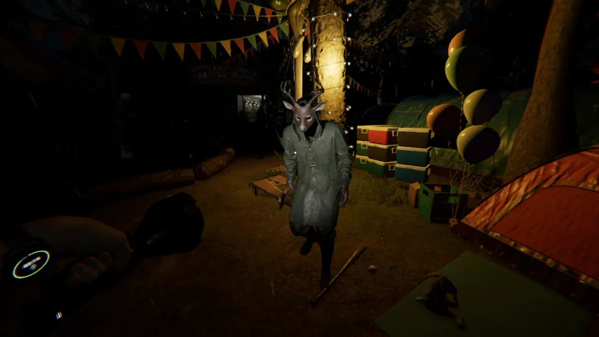 A ghost wearing a deer mask standing outside in a camp in phasmophobia