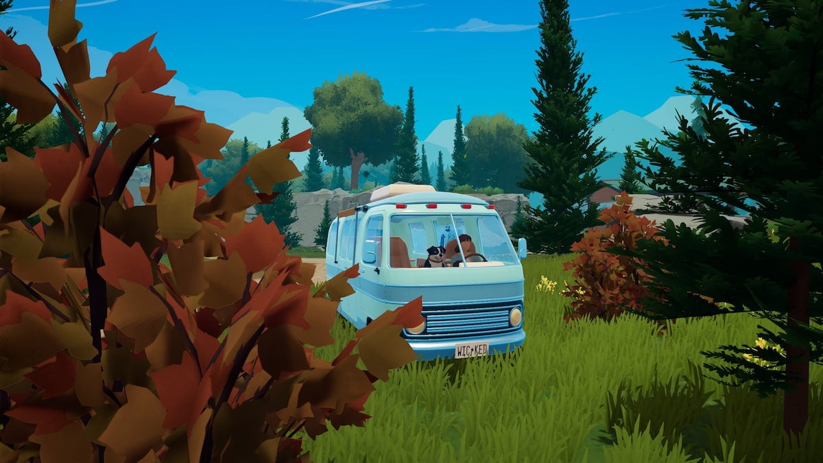 Driving in van by orange fiber bushes in outbound