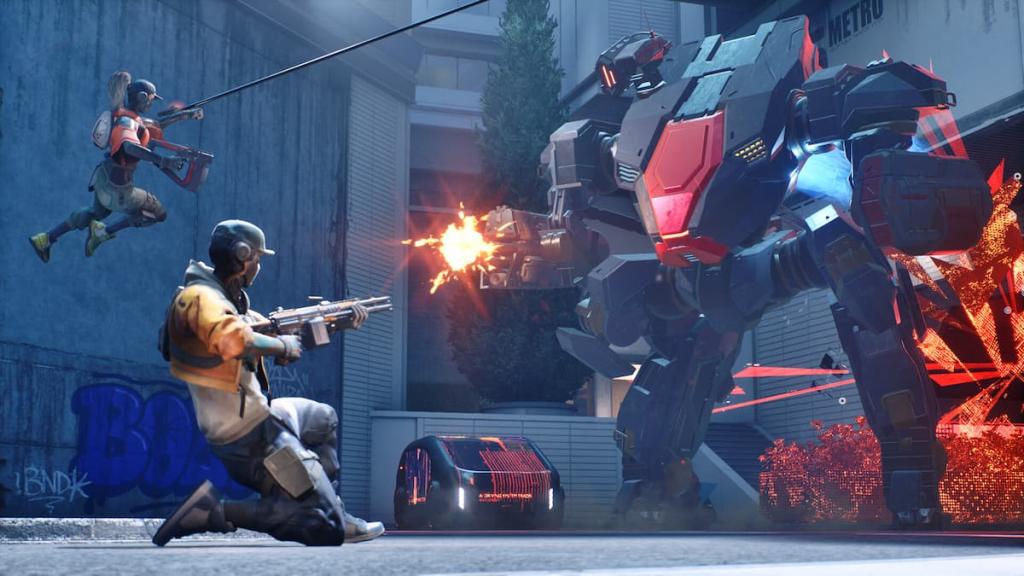 Players fighting a mech in EMPULSE. 
