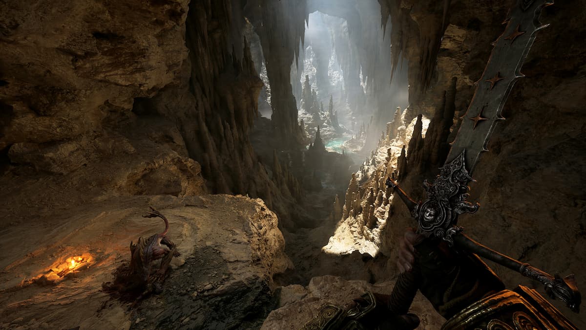 Character exploring a cave with monsters in Fatkeeper.