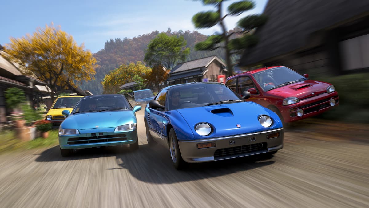 Forza Horizon 6 cars racing down a dirt road.