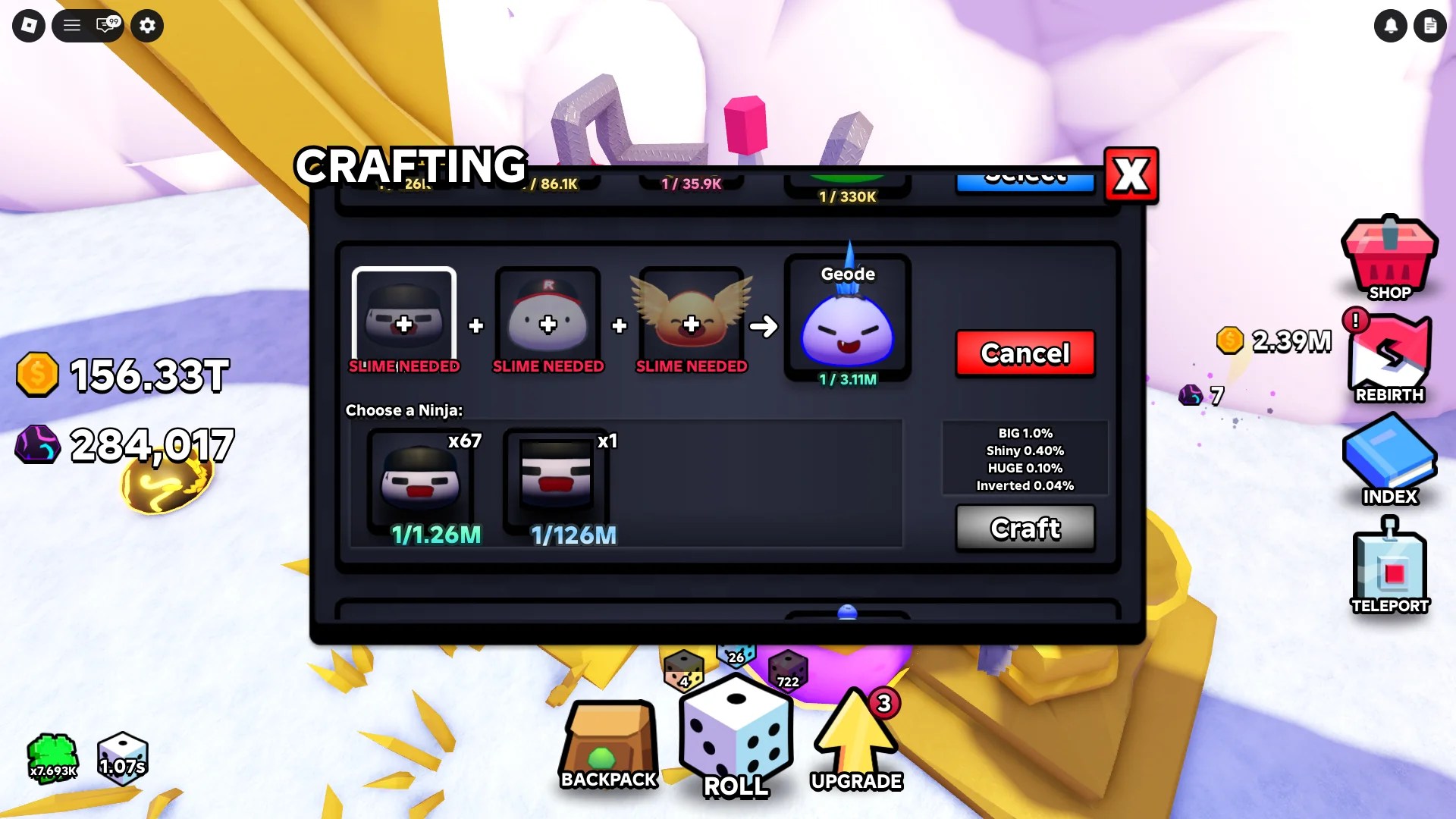 How to craft Slimes using crafting recipes in Slime RNG Roblox experience.