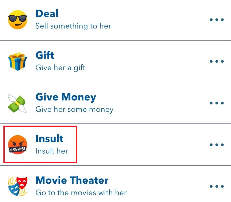 Insult option marked in bitlife