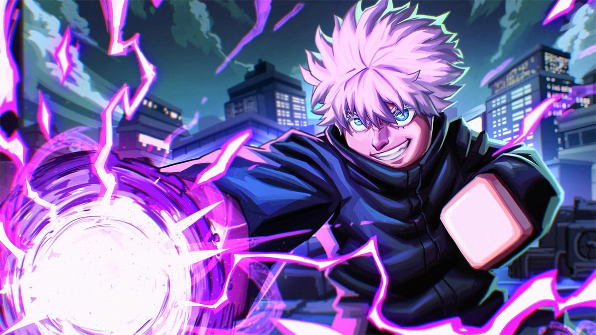 jujutsu tower defense trello and discord article image showcasing gojo firing off hollow purple