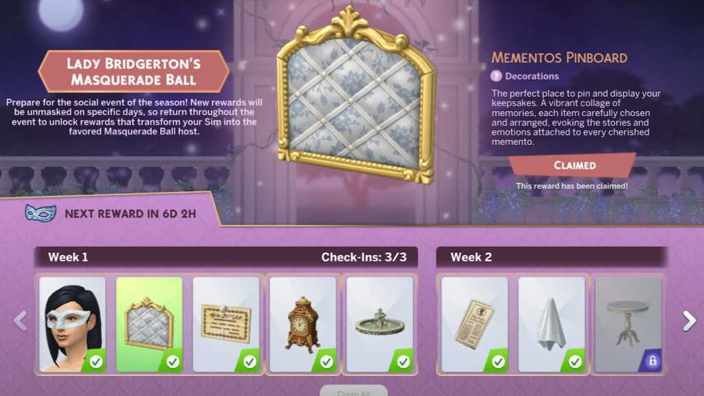 Lady Bridgerton's Masquerade Ball event page in the sims 4