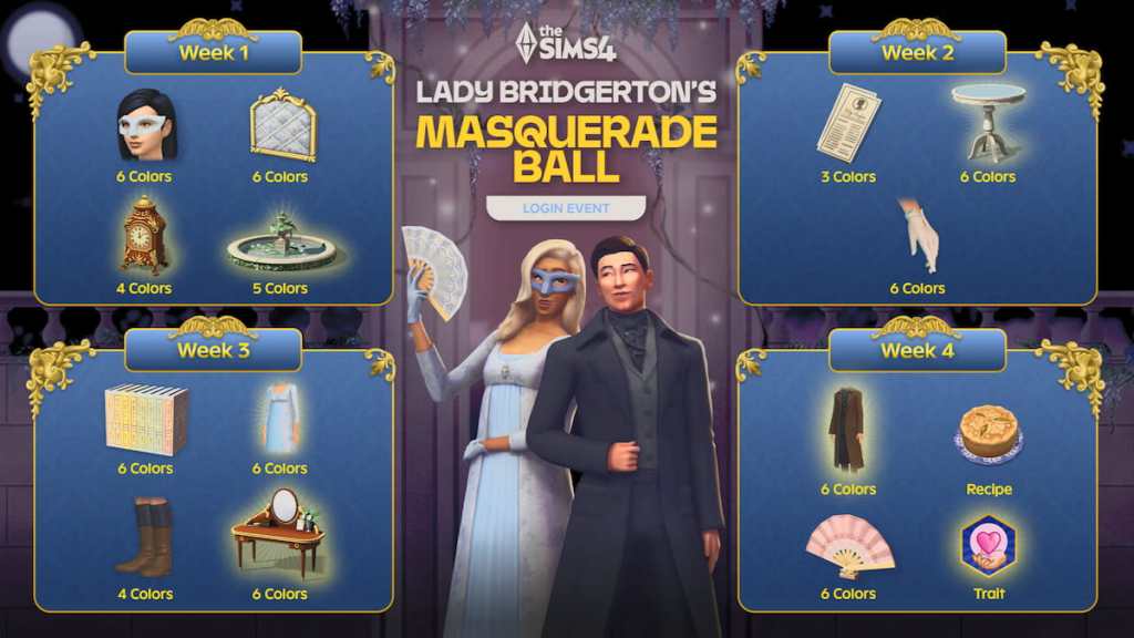 Some of the rewards in The Sims 4 Lady Bridgerton's Masquerade Ball event