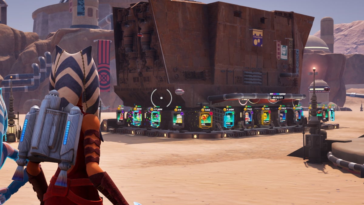 Ahsoka looking at sandcrawler with droids in fortnite droid tycoon