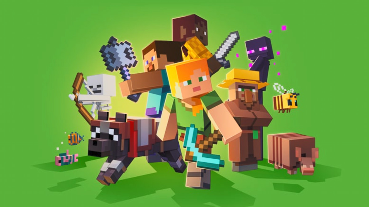 Alex and Steve in minecraft surrounded by mobs
