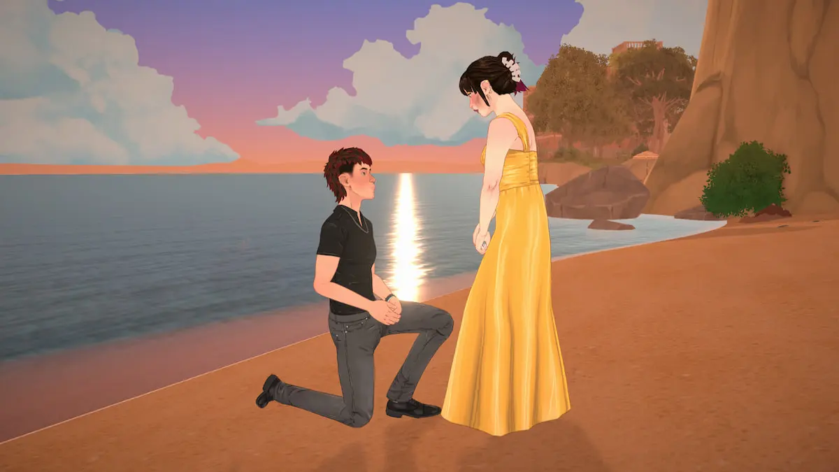 A proposal on the beach at sunset in Paralives