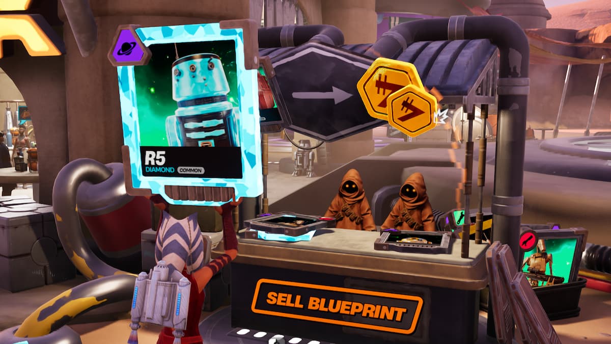 Ahsoka holding blueprint preparing to sell it in droid tycoon fortnite