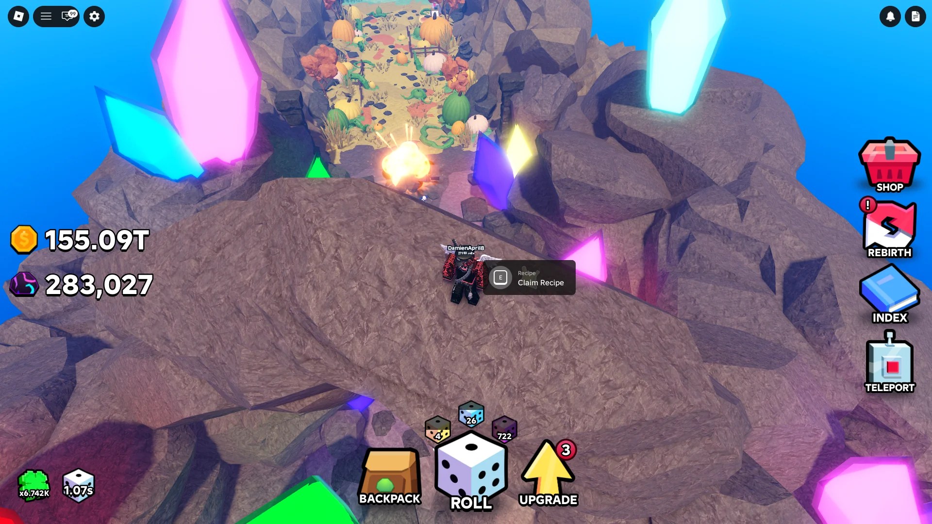 Location of the crafting recipe in the Crystal Cavern zone of Slime RNG Roblox experience.
