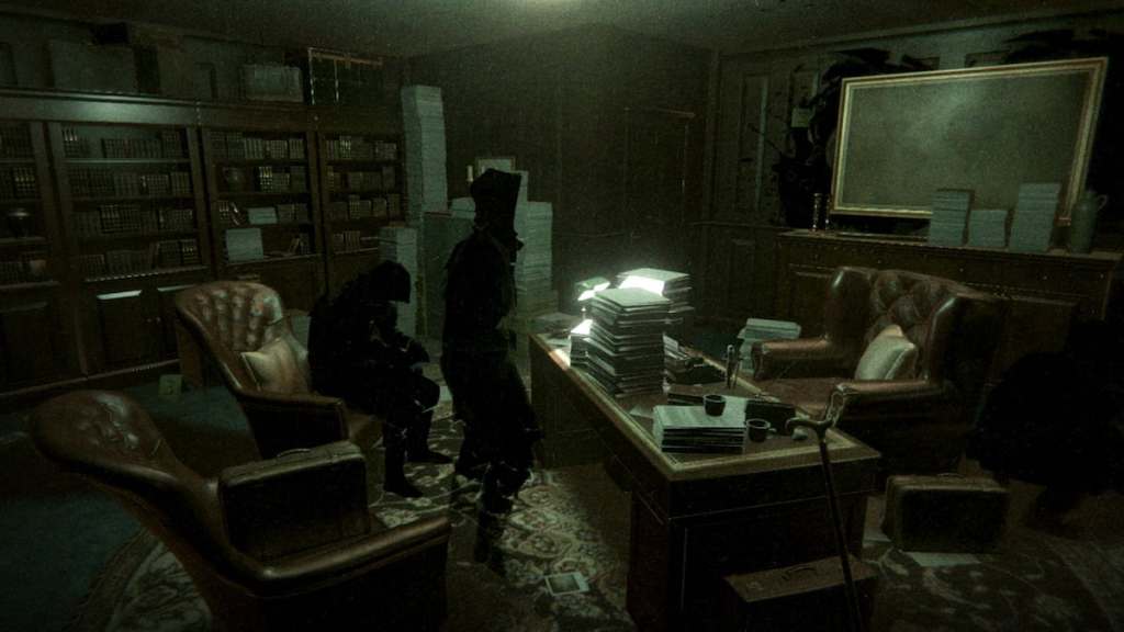 A spooky green room with two shadowy figures in phasmophobia alan wake event