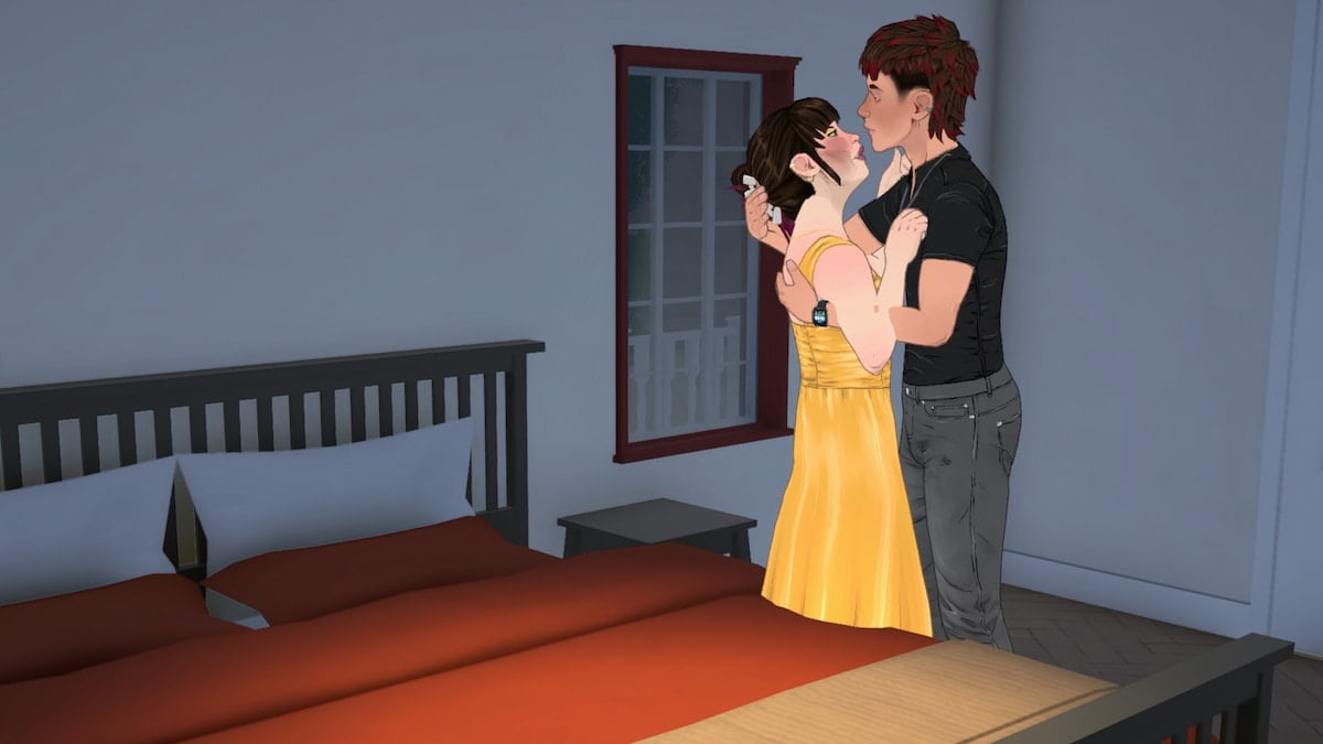 Two parafolk hugging next to a bed in paralives