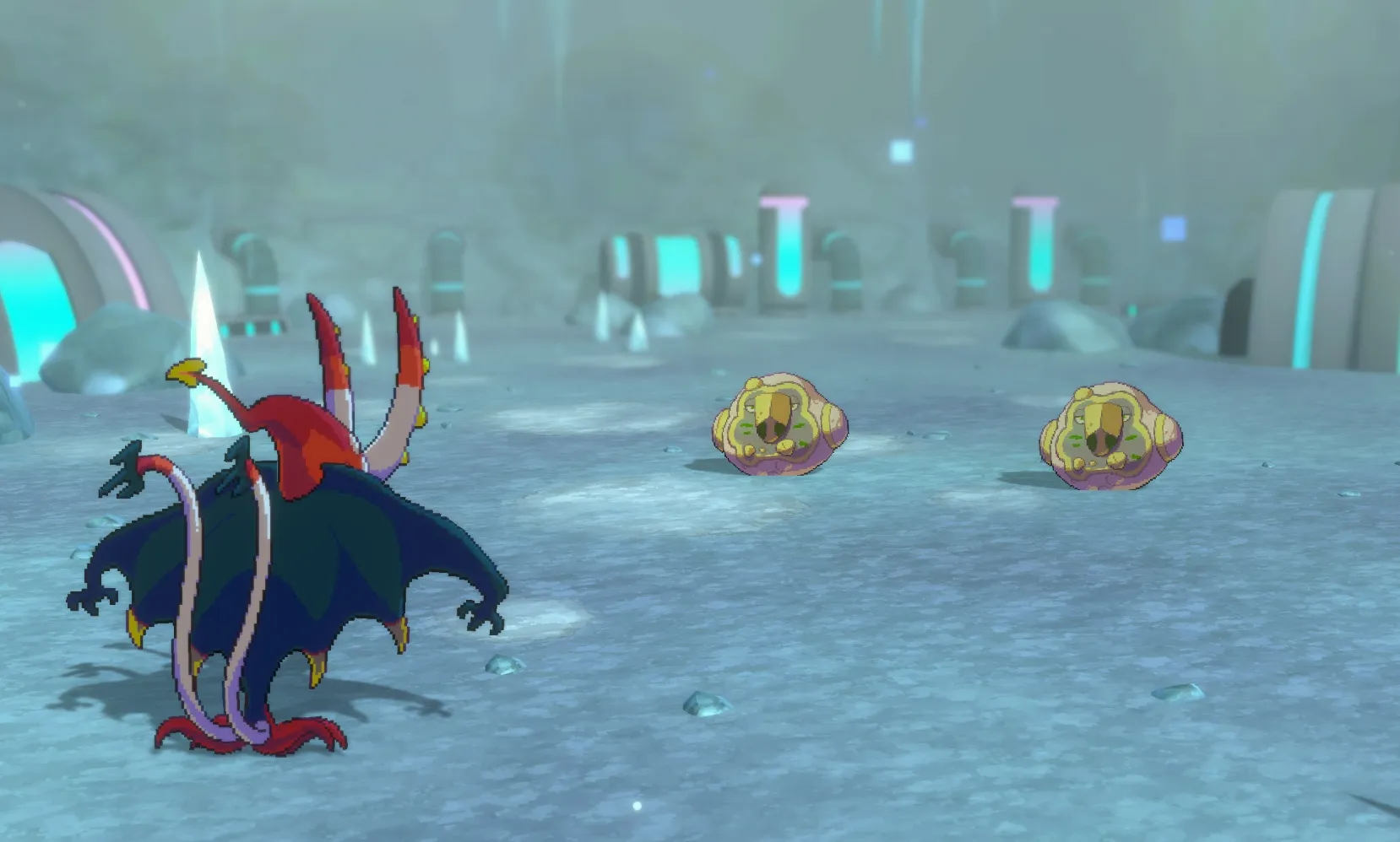 Dracumar, a bat-like creature, stands in front of two round creatures, Veveso
