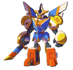 A blue, white, yellow, and red Gundam-like creature, called Anizord, from LumenTale
