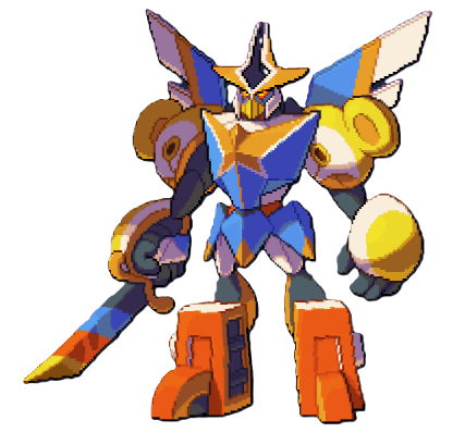 A blue, white, yellow, and red Gundam-like creature, called Anizord, from LumenTale