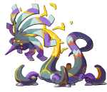 A quadruped metallic beast with a flower head and electricity coming from its neck