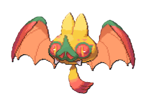 An orange bat with a green pig nose