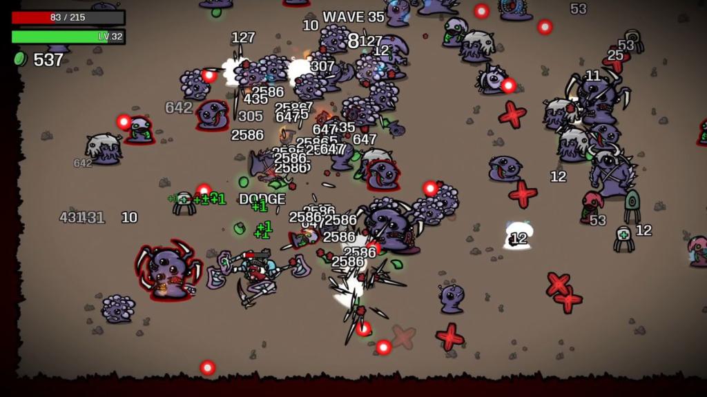 Brotato round 35 chaos, a player dodges hundreds of enemies and projectiles on screen.