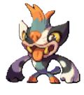 Chagma, a goofy creature with black and white spots and a grey and orange mohawk