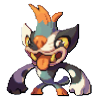 Chagma, a goofy creature with black and white spots and a grey and orange mohawk