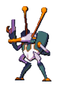 A robotic bug creature with one hand in the air