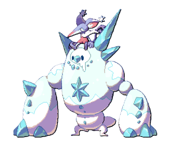 A purple mouse creature with a long pointy nose sitting on top of a giant snowman with sharp icicles coming out of its shoulders