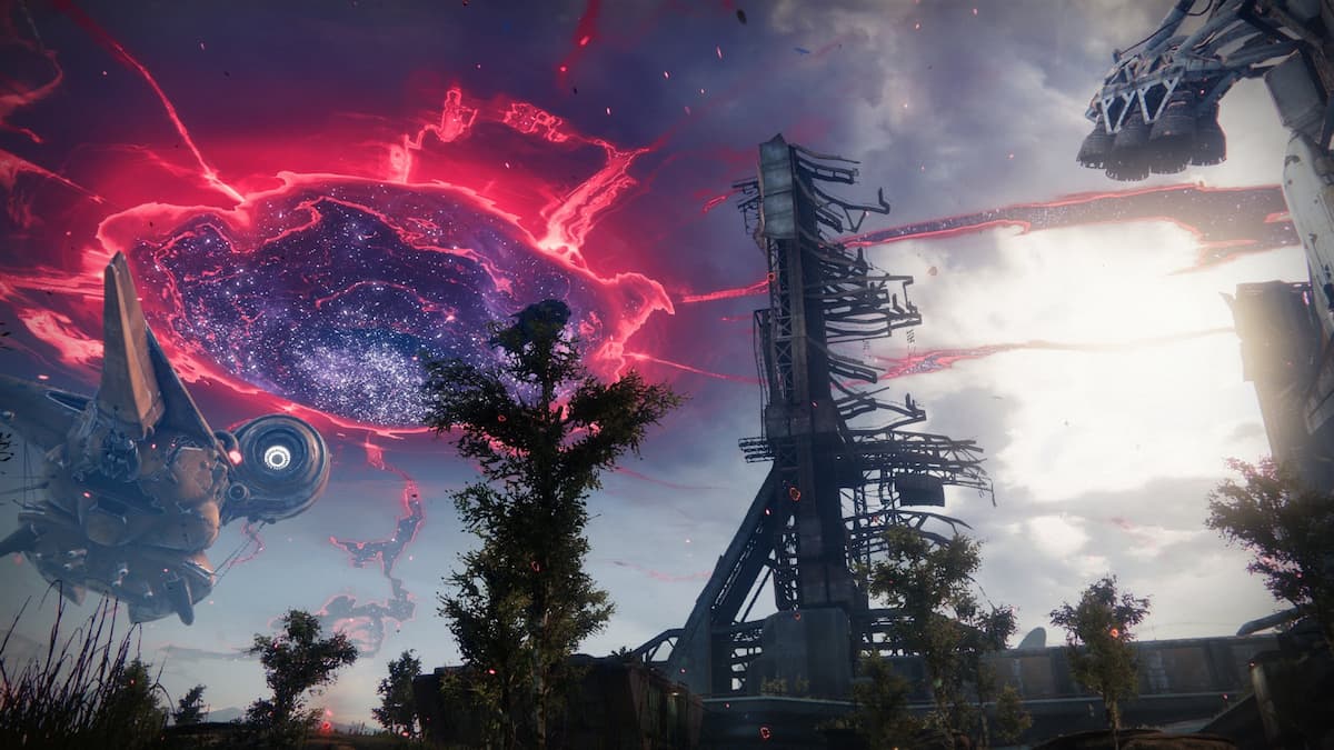 The Cosmodrome in Destiny 2, with a reddish hole cut open in the sky to signify a distortion.