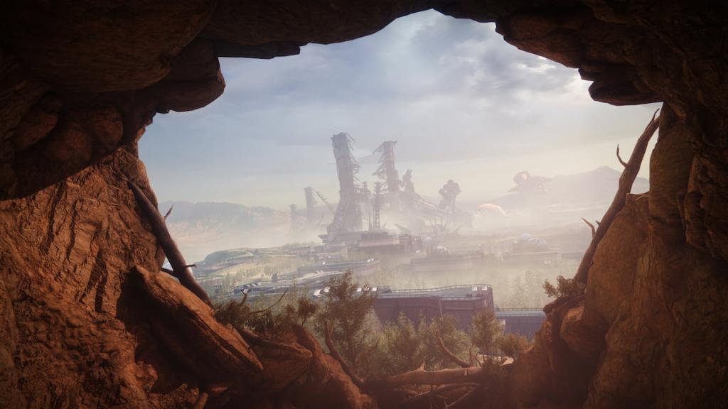 The Cosmodrome seen through the cave in Grasp of Avarice.