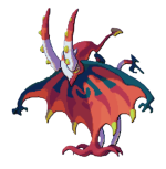A red, white, and black squid-like creature with a large cape body.