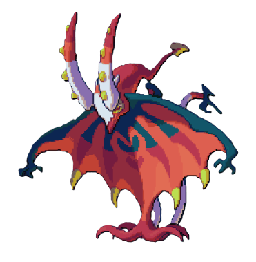 A red, white, and black squid-like creature with a large cape body.