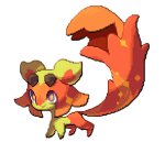 Dualine, an orange and yellow fox-like creature with a long tail and short brown horns.