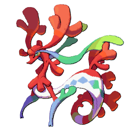 A giant colorful seahorse creature with coral designs