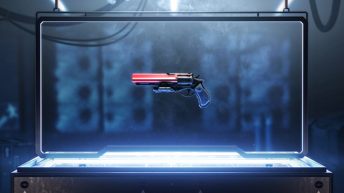 Eyasluna, a red hand cannon, displayed on a case in Destiny 2.
