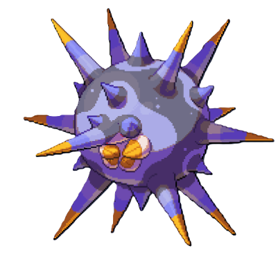 A purple and grey spiky creature. This is Ferroll from LumenTale