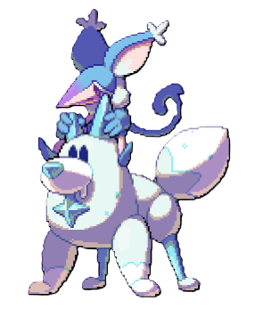 A blue mouse with a pointy nose and snowflakes on the end of its ears rides a dog made of snow