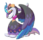 A bird-like creature with one large dark wing and a dress-like design.