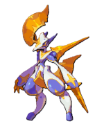 A bipedal white and yellow Animon from LumenTale with an orange lance in one hand