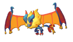 An orange bat with long wings and a flame-like body