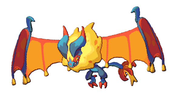 An orange bat with long wings and a flame-like body