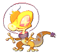 A yellow lizard creature with a lightbulb over its head