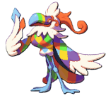 A colorful bird with a long toucan beak holding a red and blue card.