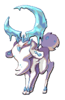 A majestic white deer with a blue icy moon-shaped horn