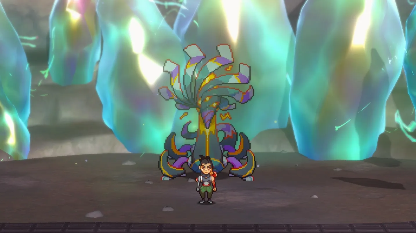 Trey stands in front of a boss from LumenTale in front of giant blue crystals